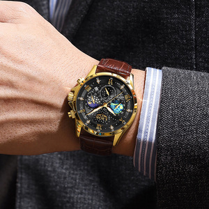 Reloj de Cuarzo Lige Analógico con Fase Lunar, Cronógrafo, Fecha Luminosa, Resistente al Agua 30M, Reloj de Pulsera de Cuero para Hombre - Product Image 3