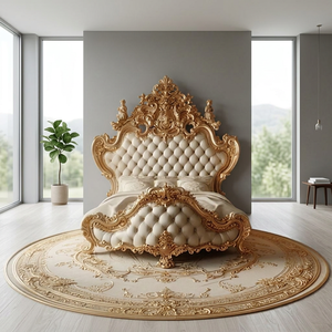 Traditional Button Tufted Wooden Round <b>Bed</b> Luxury Engraved <b>Antique</b> Design Custom Size Bedroom Set - Product Image 5