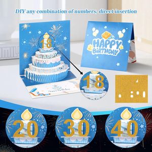 Pop Up anniversaire cartes de voeux avec enveloppe 3D joyeux anniversaire cartes-cadeaux gâteau bougies feu d'artifice lumière LED musique bricolage numéros - Product Image 5