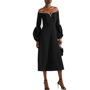 Mode Solide Noir à épaules dénudées <span class=keywords><strong>Embelli</strong></span> Crêpe Robe Midi Femme Dames Longue Robe Décontractée - Product Image 1