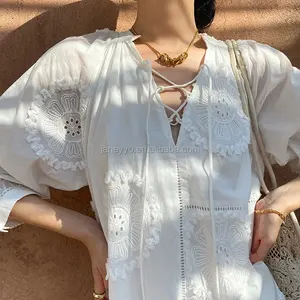 Fast Delivery Half Puff Sleeves Lace Up V Neck Allover Chain Embroidery Resort Dress Dropshipping Pure Cotton Mini Tunic Dress