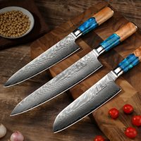 Ensemble de couteaux de cuisine en acier Damas, vente en gros, faible MOQ, haute qualité, ensemble de couteaux de chef professionnels, manches en bois d'olivier et résine