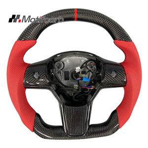 Volant personnalisé en fibre de carbone avec poignées en cuir rouge pour Tesla Model 3 & Y Performance 2018-2024 – Amélioration intérieure - Product Image 1