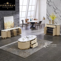 Meuble de salon à design nordique, cadre en acier inoxydable avec dessus en marbre et beige, table centrale de luxe moderne, couverture en cuir blanc, table basse ovale