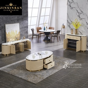 Living Room Furniture Stainless Steel Frame <strong>Marble</strong> Top Beige Centre <strong>Table</strong> Luxury Modern <strong>White</strong> Leather Cover Oval Coffee <strong>Table</strong> - Product Image 4