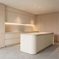 Meubles de cuisine modernes en contreplaqué mat, lignes droites, avec îlot central et tiroirs, finition grain de bois haut de gamme, sur mesure