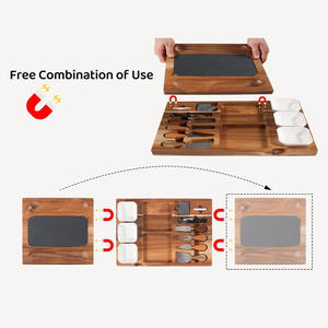 Grand plateau <span class=keywords><strong>magnétique</strong></span> 3 en 1 pour servir la charcuterie Plateau à découper en <span class=keywords><strong>ardoise</strong></span> Plateau à fromage rectangulaire en bois d'acacia avec 3 bols en céramique - Product Image 4