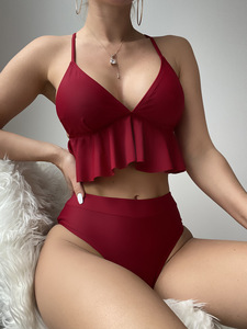 Ensemble bikini deux pièces noir pour femme, haut croisé à volants et bas taille haute, maillot de bain - Product Image 5