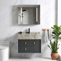 Meuble-lavabo mural moderne en acier inoxydable avec miroir, vasque en pierre, tiroirs à fermeture douce, design écologique et durable