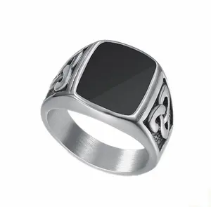 สีดำ onyx mens wedding band Suppliers-316L สแตนเลส Solitaire และ Dainty สีดำข้อความเคลือบแหวนนิ้วสำหรับผู้ชาย,ปม Signet สีดำแหวนพลอยนิล