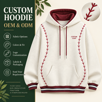 Sweat à capuche crème pour homme avec doublure contrastante, bordure côtelée rayée, poche kangourou, style preppy décontracté, logo personnalisé, vente en gros OEM ODM