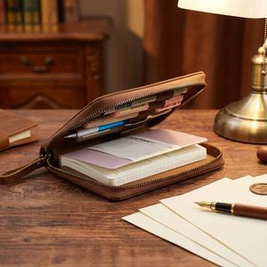 Top Layer Cowhide A6 Zipper Notebook Bag Pens Case <b>Journal</b> Cover Book Sleeve Modern Style Embossed Durable Promotional Gifts - Product Image 4