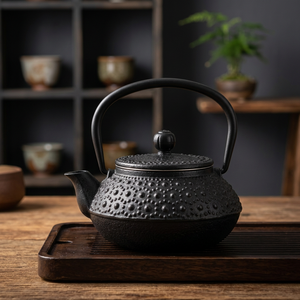 Tetera de metal estilo oriental con tapa y asa, diseño de hierro fundido negro - Product Image 2