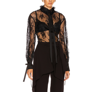 2020 Sexy Pura Del Merletto <span class=keywords><strong>Nero</strong></span> A Maniche Lunghe Con Coulisse Collare <span class=keywords><strong>Camicetta</strong></span> Top Delle Donne - Product Image 3