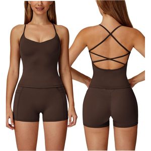 Two Piece Workout Set Women Criss <b>Cross</b> Tank <b>Top</b> Matching V Cut Shorts Gym Yoga Active Wear Outfits With Pocket - Product Image 1