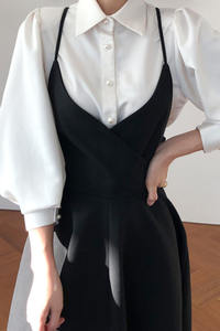 नई वसंत पोशाक महिलाओं एकल छाती लालटेन बांह की कमीज सेट + अंगिया धनुष Pleated ठोस कपड़े - Product Image 3