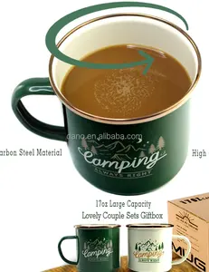 Emaye kamp kupalar 17 oz içecek bardağı kolu ile krem beyaz ve orman yeşil kupa çay, kahve, kakao