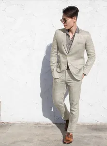 Màu Be Linen người đàn ông phù hợp với cho mùa hè bãi biển đám cưới giản dị phù hợp với chú rể TUXEDO người đàn ông quần áo trang phục Homme Mariage 2pcs (Áo khoác + quần)