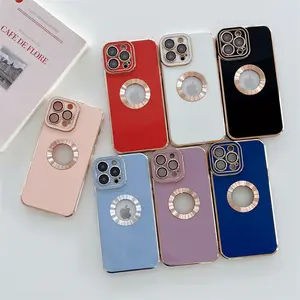 Luxury LOGO Hole View Plating Camera Glass Protector Back Cover Soft TPU Mobile Phone Case For iPhone XS 11 12 13 14 15 Pro Max