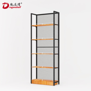 Dragonshelf Iron Wood Shelf Four-column Reticulated Backplane Steel-wood Single-side Rack <strong>Modern</strong> <strong>Shelves</strong> for Clothing Store - Product Image 2