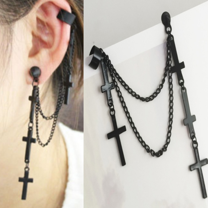 Punk Cross Quaste Ohrringe Frauen Integrierte Clip Ohr stecker Christian Gothic Hip Hop Schmuck Metall kette Ohrring Ohrring Männer