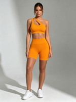 Ensemble de sport court 2 pièces sans couture, uni, à une épaule, avec coussinet de poitrine amovible, taille élastique, coupe moulante aux hanches, pour yoga