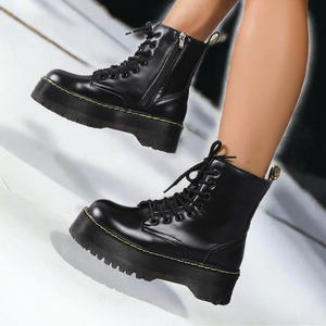 Botas de Invierno para Mujer, Estilo Western, Punta Abierta, PU, Tobillo Alto, Suela Gruesa, Ligeras, Clásicas, Punk, con Cordones, Venta Directa de Fábrica - Product Image 3