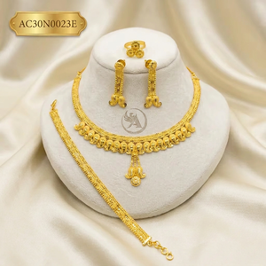 Indian Ethnic Trendy Wedding Necklace Set with Box Chain 18K Gold Plated Brass Jewelry for African Nigerian Ghanaian Women - Product Image 1