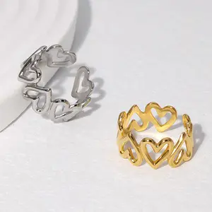 Cincin Wanita Sepuh Emas 18K, Perhiasan Cincin Jari Kerawang Hati Berongga Baja Tahan Karat Mode Sederhana
