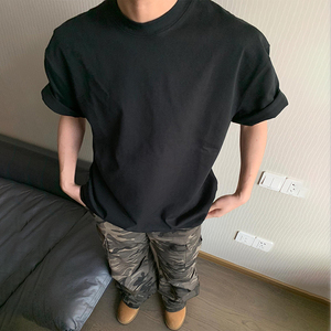 Fabricants de vêtements en gros, t-shirt lourd 300 g/m², t-shirt uni à col rond gris, coton basique, manches courtes - Product Image 3
