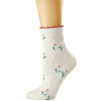 Chaussettes en coton à bordure frangée pour filles, motif floral gaufré mignon, chaussettes fantaisie amusantes, fines, à fleurs, pour filles
