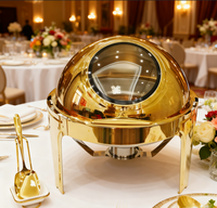 Calentador de Comida Tipo Chafing Dish de Acero Inoxidable Dorado de 6L, Venta Directa de Fábrica, con Tapa Visible, Diseño Moderno y Acabado Espejo, Funciona con Alcohol
