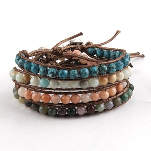 Pulsera Envolvente de <span class=keywords><strong>Cuero</strong></span> para <span class=keywords><strong>Mujer</strong></span> con Amazonita Personalizada y Turquesa Africana, Hecha a Mano con Ágata de la India y Piedras Preciosas Naturales de 6mm en 1 Fila - Product Image 1