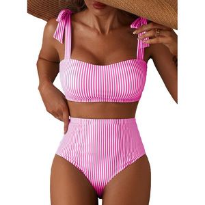 Conjunto de 2 piezas para mujer: Top de bikini con tiras cruzadas y estampado aleatorio a rayas para verano/primavera y braguita de baño con diseño de empalme. - Product Image 6