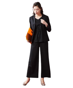 Ensemble de costume en crêpe noir pour femme, col en V, coupe ample, longueur complète, style bureau, tenue d'automne - Product Image 1