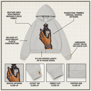 OEM Hoodie Zipper 500Gsm French Terry Vintage Wash Oversized Boxy Rhinestone Patchwork High Quality Custom Logo Men Hoodie - Product Image 3