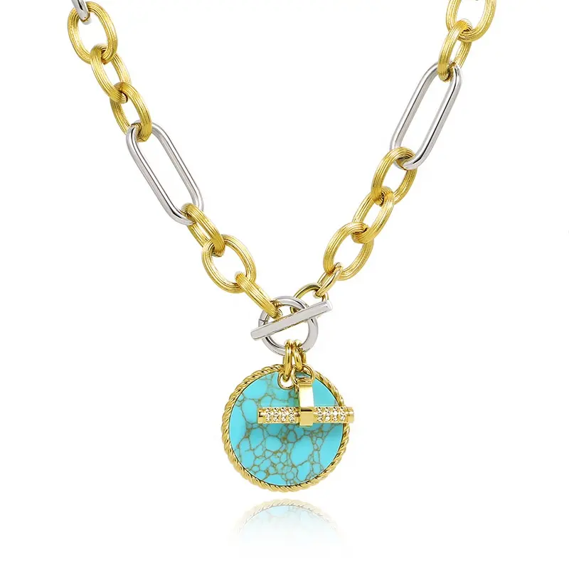 Kalung Mode berlapis emas 18K tahan air berlian imitasi sakelar kalung liontin pirus baja tahan karat dengan kabel Chai