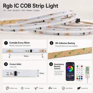 Tira <span class=keywords><strong>de</strong></span> Luces <span class=keywords><strong>LED</strong></span> RGB IC COB, 720 <span class=keywords><strong>LED</strong></span>/m, 5M, 12V, Disponible en Stock, Direccionable, con Efecto <span class=keywords><strong>de</strong></span> Persecución <span class=keywords><strong>de</strong></span> Color, IP20, <span class=keywords><strong>Multicolor</strong></span>, Flexible - Product Image 3