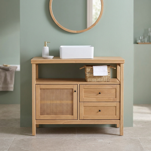 Meuble de salle de bain en teck massif avec porte en rotin et 2 tiroirs, console de salle de bain - Product Image 1