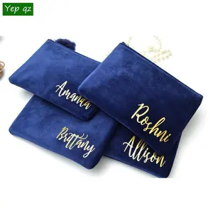 High quality best selling blue color padded makeup bag custom gold foil stamp logo design printing big velvet pouch with zipper