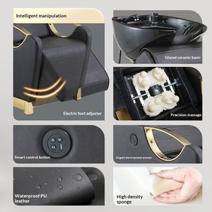Modern Reclining Shampoo <b>Bed</b> with Gold Trim & Footrest PU Leather Hair Washing Station for Beauty Salon - Product Image 4