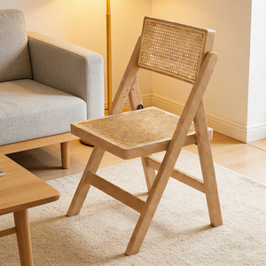 Silla Plegable Moderna de Madera Maciza y Ratán, Silla de Comedor Portátil de Mimbre Natural para Patio, Jardín, Balcón y Uso en Exteriores - Product Image 3