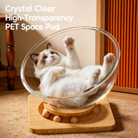 Lit pour chat en acrylique haute transparence en forme de capsule spatiale avec base rotative en bois et billes de circulation, nid d'intérieur pour animaux de compagnie