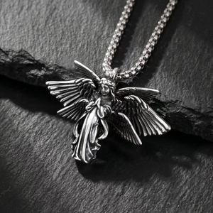 Collana da Uomo alla Moda Europea, Stile <span class=keywords><strong>Dark</strong></span> Trendy, Ciondolo a Forma di Strega/Angelo, Personalizzata, in Acciaio Inossidabile, con Motivo a Farfalla - Product Image 3
