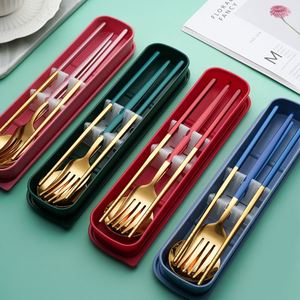 Korean-Style Convenient Tableware Stainless Steel Cutlery Gold Chopsticks Spoon Fork 3Pcs Set Student Travel Flatware Sets - Product Image 6