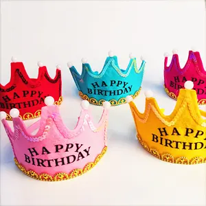 kids birthday party decoration sequin precess tiara cap with gems felt happy birthday crown led headband