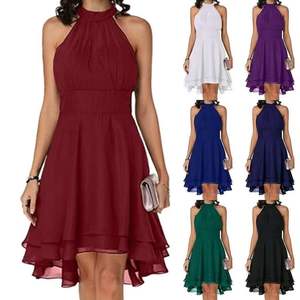 Verano elegante mujer vestidos de cintura alta Sexy recortada en capas sólido Halter vestido señoras Casual sin mangas gasa vestido de fiesta - Product Image 1