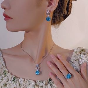 Wholesale Eco-friendly Copper 12mm Sea Blue Cubic Zirconia Necklace <b>Earrings</b> Ring <b>Set</b> Exquisite Jewelry <b>Sets</b> for Women - Product Image 6