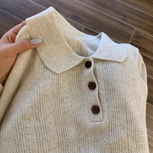 Suéter de Punto para Mujer, Estilo Polo, Color Sólido, Manga Corta, Corte Holgado, Cuello con Botones, Estilo Casual, Color Gris - Product Image 4
