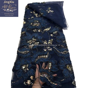 Tela de encaje africana con bordado floral 3D dorado, con cuentas y lentejuelas sobre malla blanca para vestido de novia nigeriano Aso Ebi - Product Image 5